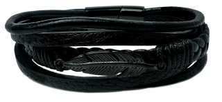 Czarna bransoletka rzemykowa ze skóry ekologicznej, z ptasim piórem ze stali nierdzewnej