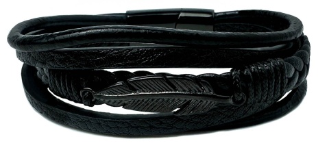 Czarna bransoletka rzemykowa ze skóry ekologicznej, z ptasim piórem ze stali nierdzewnej