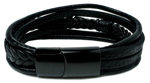 Czarna bransoletka rzemykowa ze skóry ekologicznej, z ptasim piórem ze stali nierdzewnej