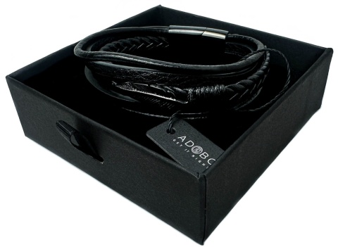 Czarna bransoletka rzemykowa ze skóry ekologicznej, z ptasim piórem ze stali nierdzewnej