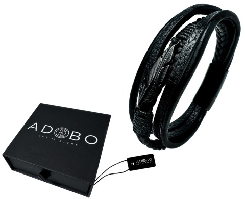 Czarna bransoletka rzemykowa ze skóry ekologicznej, z ptasim piórem ze stali nierdzewnej