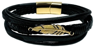 Czarna bransoletka rzemykowa ze skóry ekologicznej, z ptasim piórem ze stali nierdzewnej