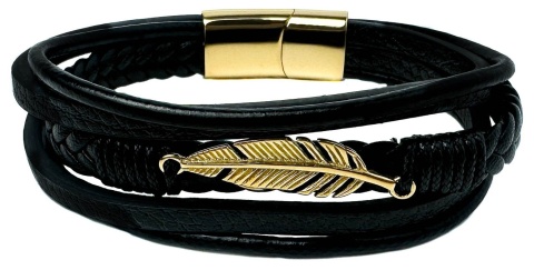 Czarna bransoletka rzemykowa ze skóry ekologicznej, z ptasim piórem ze stali nierdzewnej