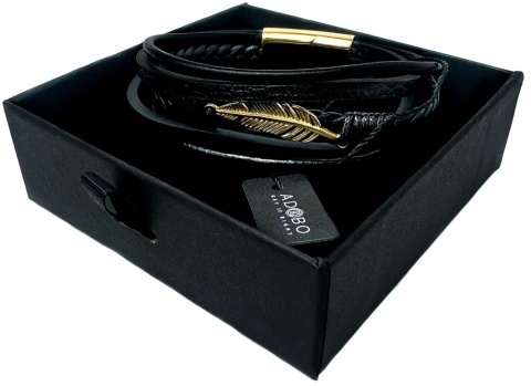 Czarna bransoletka rzemykowa ze skóry ekologicznej, z ptasim piórem ze stali nierdzewnej