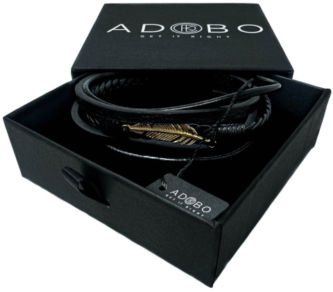 Czarna bransoletka rzemykowa ze skóry ekologicznej, z ptasim piórem ze stali nierdzewnej