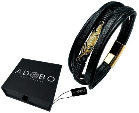 Czarna bransoletka rzemykowa ze skóry ekologicznej, z ptasim piórem ze stali nierdzewnej