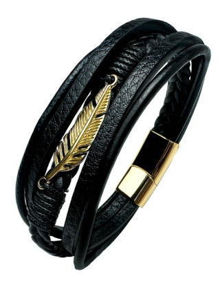 Czarna bransoletka rzemykowa ze skóry ekologicznej, z ptasim piórem ze stali nierdzewnej