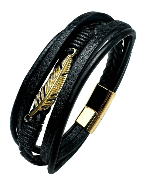 Czarna bransoletka rzemykowa ze skóry ekologicznej, z ptasim piórem ze stali nierdzewnej