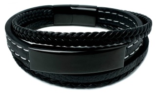 Czarna bransoletka rzemykowa ze skóry ekologicznej i zdobieniami ze stali nierdzewnej, z białym szwem