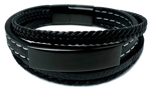Czarna bransoletka rzemykowa ze skóry ekologicznej i zdobieniami ze stali nierdzewnej, z białym szwem