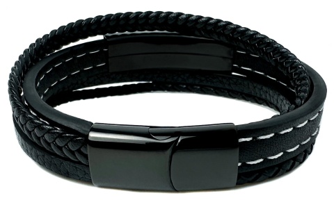 Czarna bransoletka rzemykowa ze skóry ekologicznej i zdobieniami ze stali nierdzewnej, z białym szwem