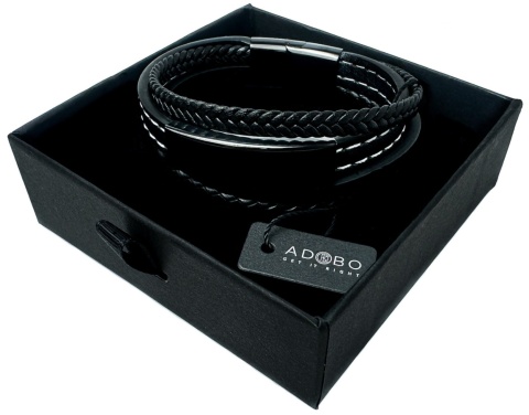 Czarna bransoletka rzemykowa ze skóry ekologicznej i zdobieniami ze stali nierdzewnej, z białym szwem