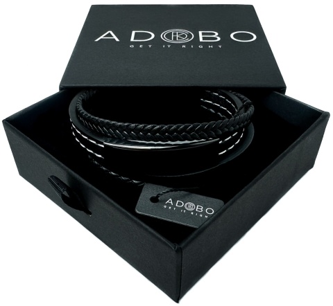 Czarna bransoletka rzemykowa ze skóry ekologicznej i zdobieniami ze stali nierdzewnej, z białym szwem