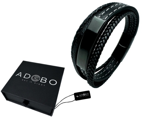 Czarna bransoletka rzemykowa ze skóry ekologicznej i zdobieniami ze stali nierdzewnej, z białym szwem