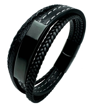 Czarna bransoletka rzemykowa ze skóry ekologicznej i zdobieniami ze stali nierdzewnej, z białym szwem