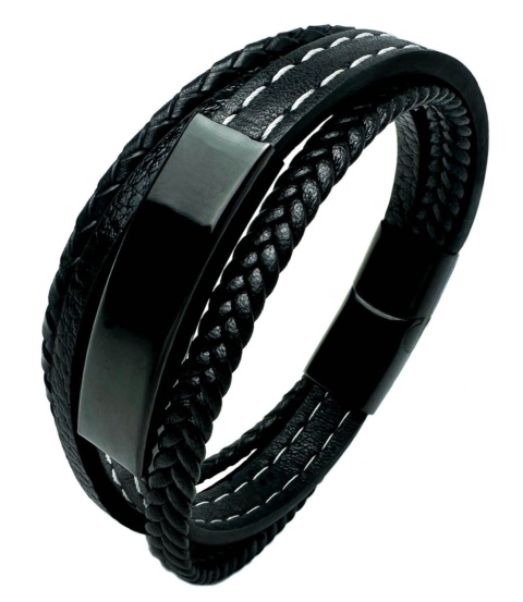 Czarna bransoletka rzemykowa ze skóry ekologicznej i zdobieniami ze stali nierdzewnej, z białym szwem