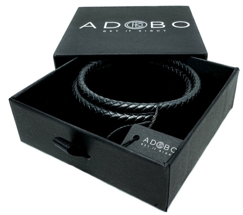Czarna bransoletka rzemykowa ze skóry ekologicznej i stali nierdzewnej, z podwójnym splotem rzemykowym