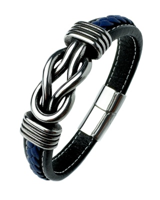 Niebieska bransoletka rzemykowa ze skóry ekologicznej i stali nierdzewnej, z ozdobnym stalowym węzłem