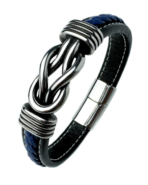 Niebieska bransoletka rzemykowa ze skóry ekologicznej i stali nierdzewnej, z ozdobnym stalowym węzłem