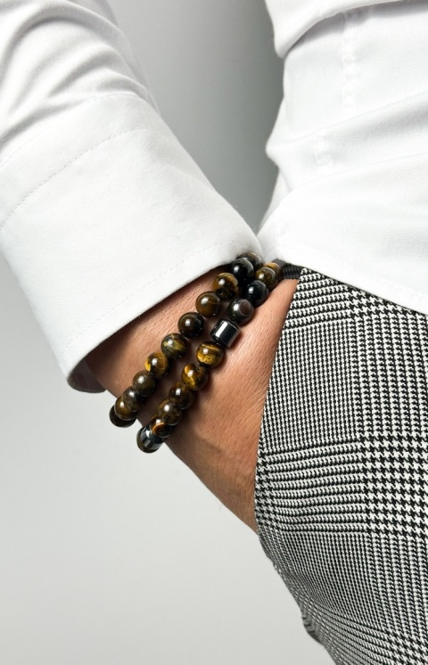 Brązowa bransoletka kulkowa z podwójnym splotem koralików z naturalnego kamienia tygrysie oko