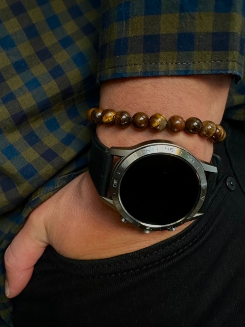 Brązowa bransoletka kulkowa ze splotem z minerału tygrysie oko i wizerunkiem Buddy ze stali nierdzewnej