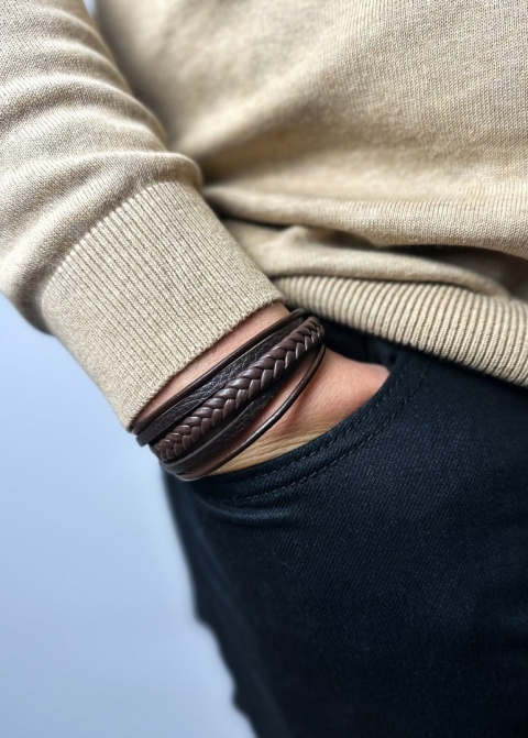 Brązowa bransoletka rzemykowa ze skóry ekologicznej i stali nierdzewnej