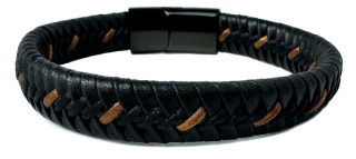 Czarna bransoletka rzemykowa ze skóry ekologicznej, z jasnobrązowymi szwami