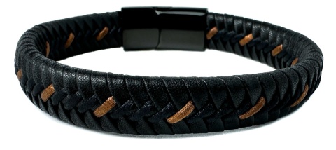 Czarna bransoletka rzemykowa ze skóry ekologicznej, z jasnobrązowymi szwami