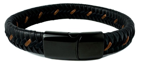 Czarna bransoletka rzemykowa ze skóry ekologicznej, z jasnobrązowymi szwami
