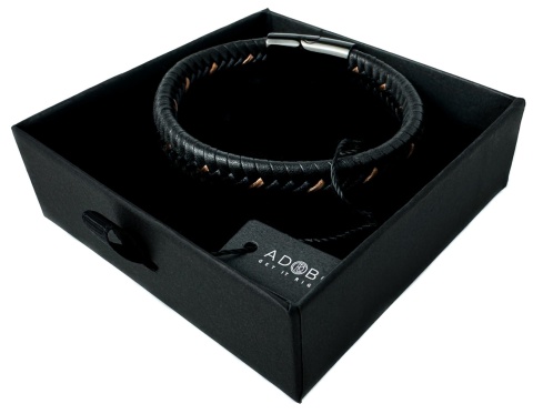 Czarna bransoletka rzemykowa ze skóry ekologicznej, z jasnobrązowymi szwami