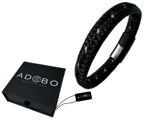 Czarna bransoletka rzemykowa ze skóry ekologicznej, z jasnobrązowymi szwami