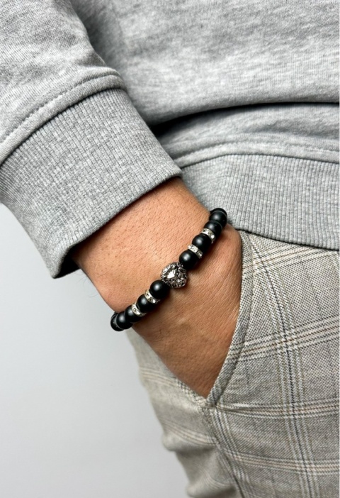 Czarna bransoletka kulkowa z obsydianu, cyrkonii i stali nierdzewnej, z motywem głowy lwa