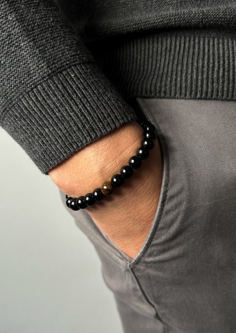 Czarna bransoletka kulkowa ze splotem z minerału obsydian oraz tygrysim okiem