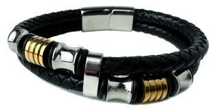 Czarna bransoletka rzemykowa ze skóry ekologicznej i stali nierdzewnej, z ozdobnymi koralikami
