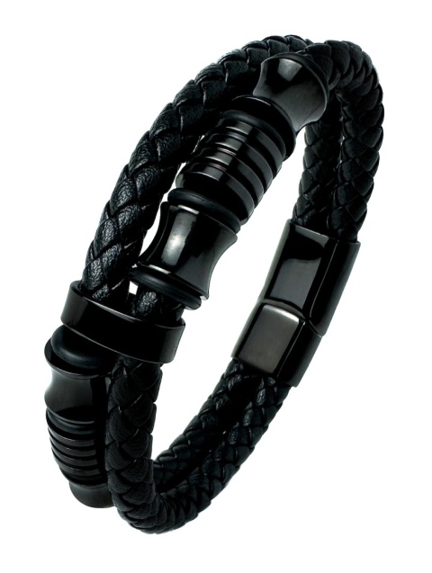 Czarna bransoletka rzemykowa ze skóry ekologicznej i stali nierdzewnej, z ozdobnymi koralikami
