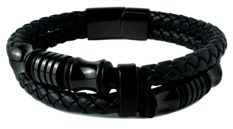 Czarna bransoletka rzemykowa ze skóry ekologicznej i stali nierdzewnej, z ozdobnymi koralikami