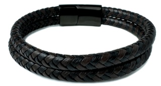 Czarna bransoletka rzemykowa ze skóry ekologicznej i stali nierdzewnej, z podwójnym splotem rzemykowym