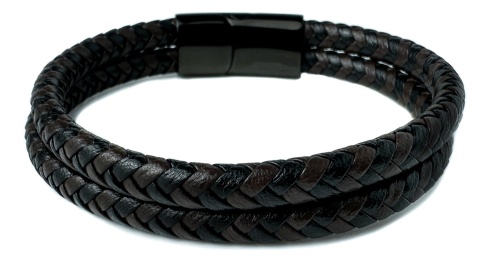 Czarna bransoletka rzemykowa ze skóry ekologicznej i stali nierdzewnej, z podwójnym splotem rzemykowym