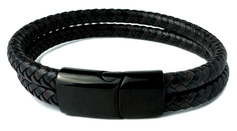 Czarna bransoletka rzemykowa ze skóry ekologicznej i stali nierdzewnej, z podwójnym splotem rzemykowym