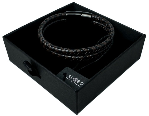 Czarna bransoletka rzemykowa ze skóry ekologicznej i stali nierdzewnej, z podwójnym splotem rzemykowym