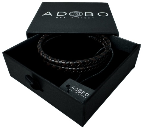 Czarna bransoletka rzemykowa ze skóry ekologicznej i stali nierdzewnej, z podwójnym splotem rzemykowym