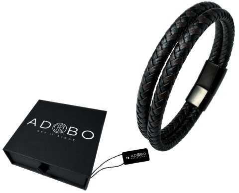 Czarna bransoletka rzemykowa ze skóry ekologicznej i stali nierdzewnej, z podwójnym splotem rzemykowym