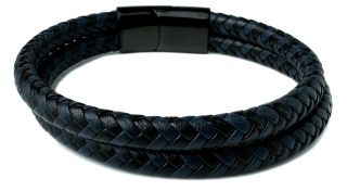 Niebieska bransoletka rzemykowa ze skóry ekologicznej i stali nierdzewnej, z podwójnym splotem rzemykowym