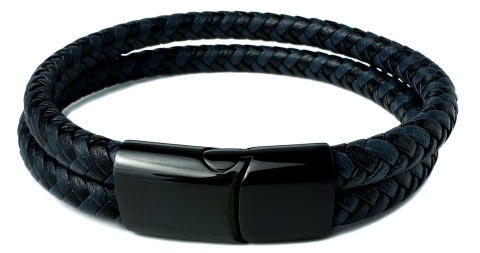 Niebieska bransoletka rzemykowa ze skóry ekologicznej i stali nierdzewnej, z podwójnym splotem rzemykowym