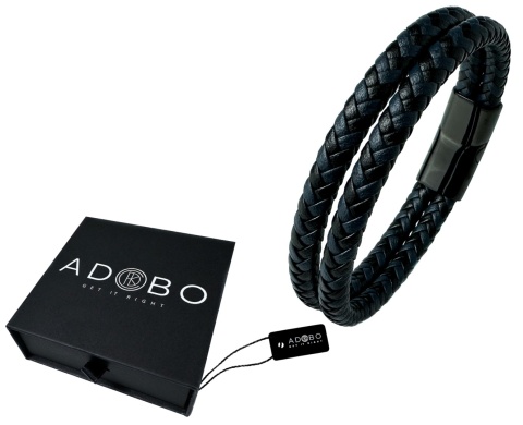 Niebieska bransoletka rzemykowa ze skóry ekologicznej i stali nierdzewnej, z podwójnym splotem rzemykowym