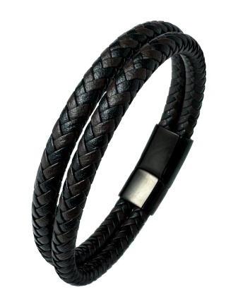 Czarna bransoletka rzemykowa ze skóry ekologicznej i stali nierdzewnej, z podwójnym splotem rzemykowym