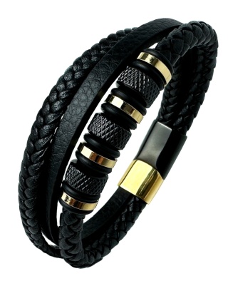 Czarna bransoletka rzemykowa ze skóry ekologicznej i zdobieniami ze stali nierdzewnej w złotym kolorze
