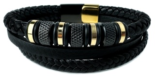 Czarna bransoletka rzemykowa ze skóry ekologicznej i zdobieniami ze stali nierdzewnej w złotym kolorze