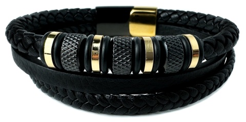 Czarna bransoletka rzemykowa ze skóry ekologicznej i zdobieniami ze stali nierdzewnej w złotym kolorze