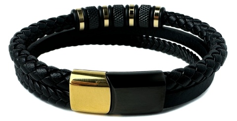 Czarna bransoletka rzemykowa ze skóry ekologicznej i zdobieniami ze stali nierdzewnej w złotym kolorze